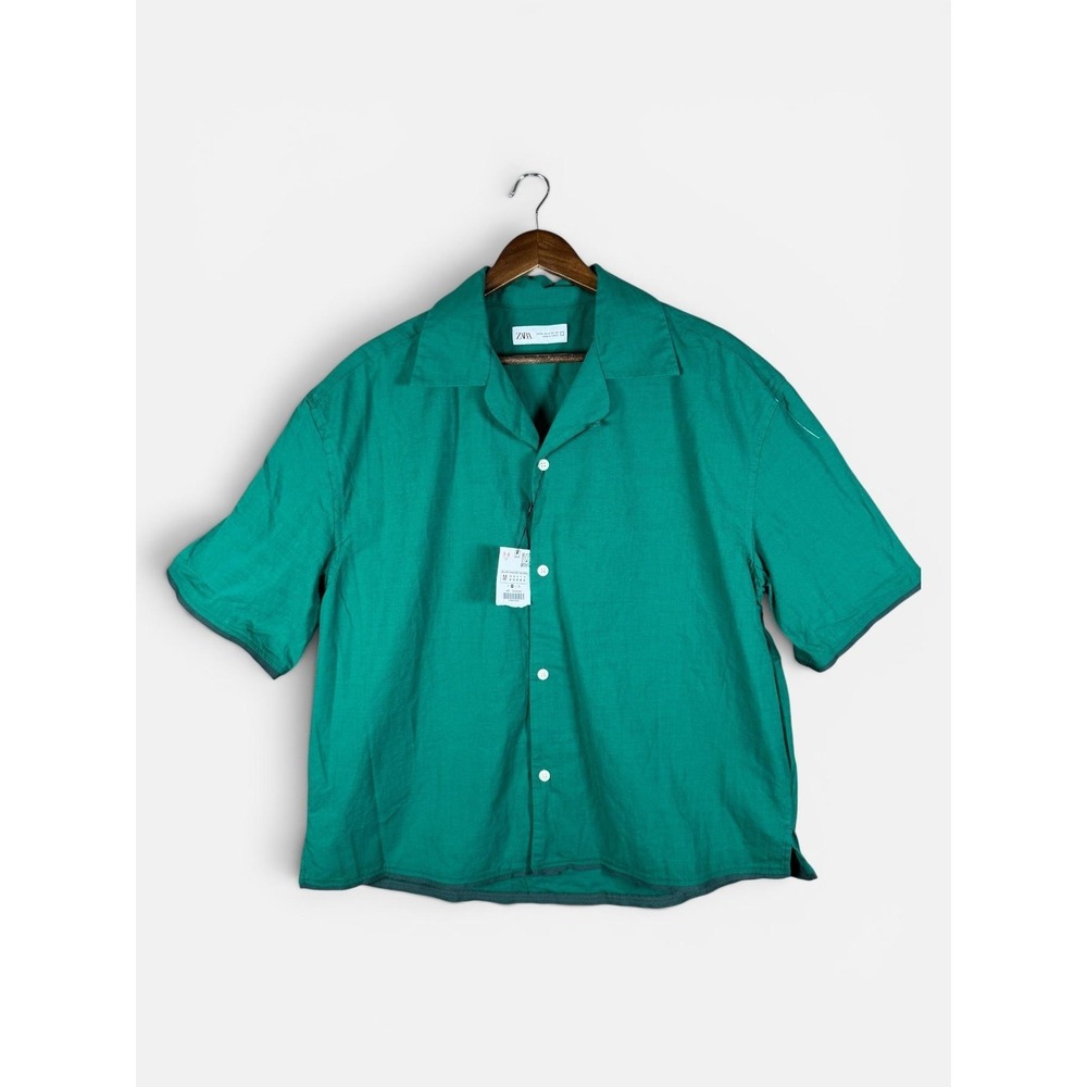 Zara Shirt Mens Medium Green Solid Short Sleeve Button Up Cotton Relaxed Fit